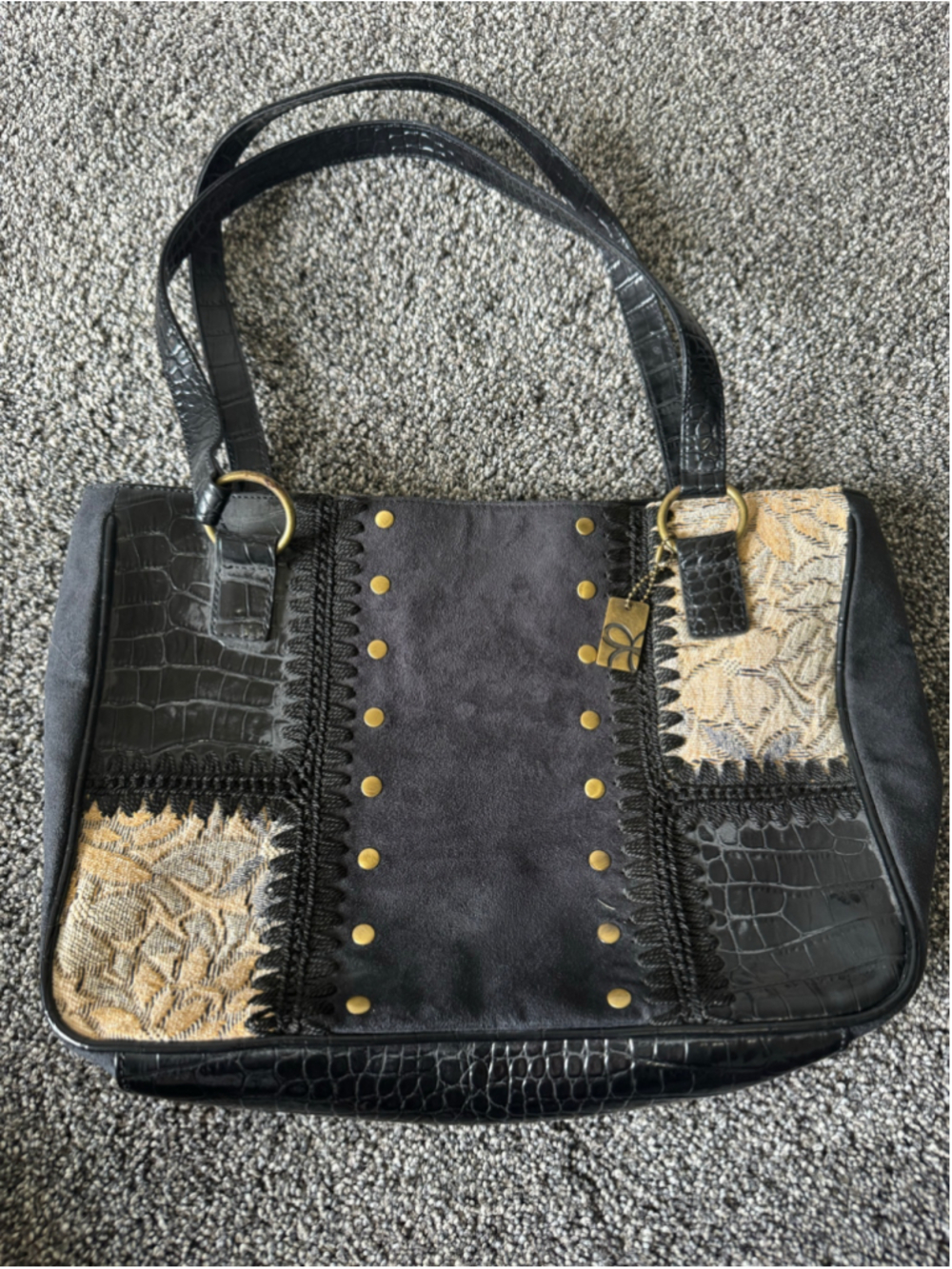 Women's Lina Vintage Style Patchwork Faux Croc, Suede, Metallic Tapestry Bag
